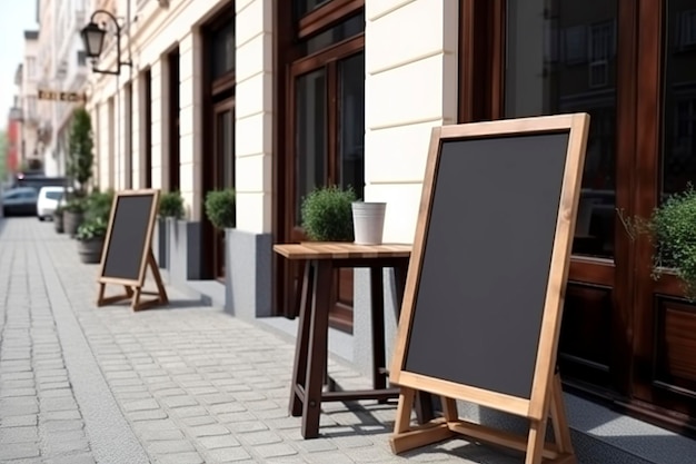 Pusty znak sklepu restauracyjnego lub tablice menu w pobliżu wejścia do restauracji Menu kawiarni na ulicy Tablica przed restauracją Szyld wolnostojący Tablica Aframe Wygenerowana przez AI