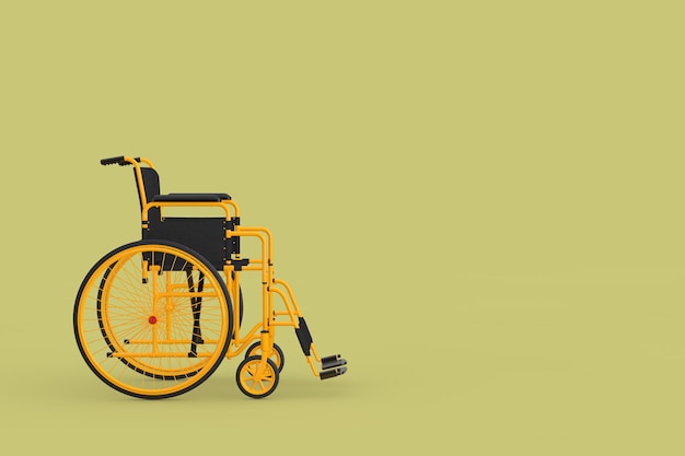 Pusty żółty wózek inwalidzki na zielonym tle. Renderowanie 3D