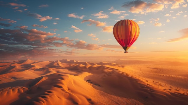 Pustynia i balon na gorące powietrze Krajobraz na wschodzie słońca Inspiracja podróży sukces koncepcja lotu marzeń