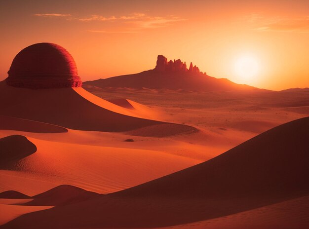pustynia Nieznany i koncepcja startowa o zachodzie słońca