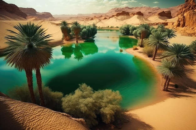 Pustynia otaczająca oazę zielonego jeziora wodnego na pustyni