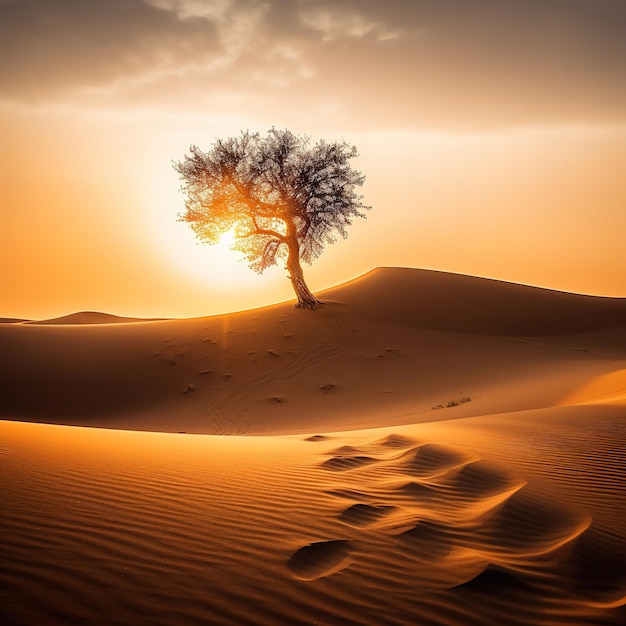pustynia z piaskowymi wydmami z jednym drzewem