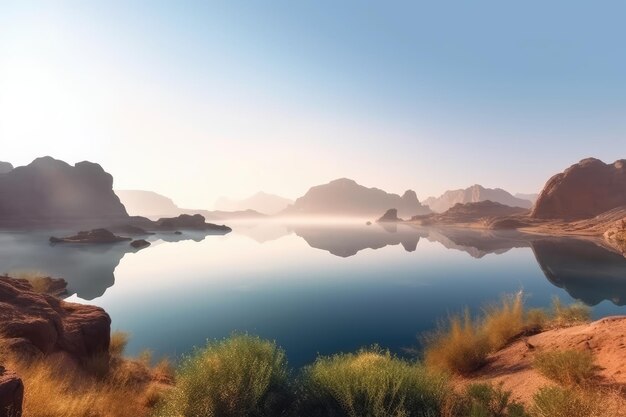 Pustynna góra i jezioro oazy z generatywną sztuczną inteligencją o wschodzie słońca