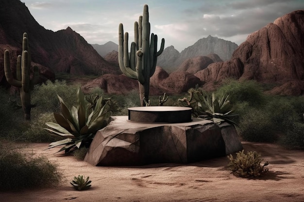 Pustynna scena z kaktusem i górami w tle.