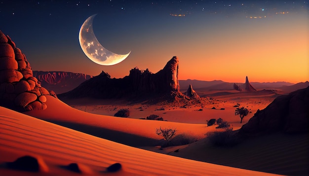 Zdjęcie pustynna scena z księżycem i piaskiem