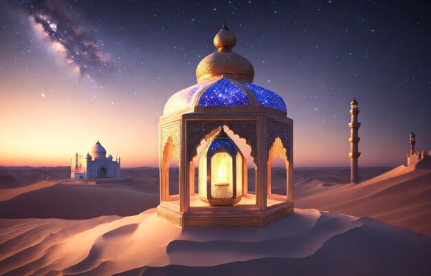 Pustynna scena z meczetem i księżycem.