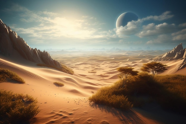 Zdjęcie pustynna scena z planetą w tle.