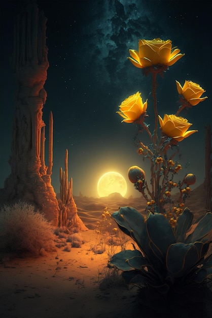 Pustynna scena z żółtymi kwiatami na pierwszym planie generatywnej ai