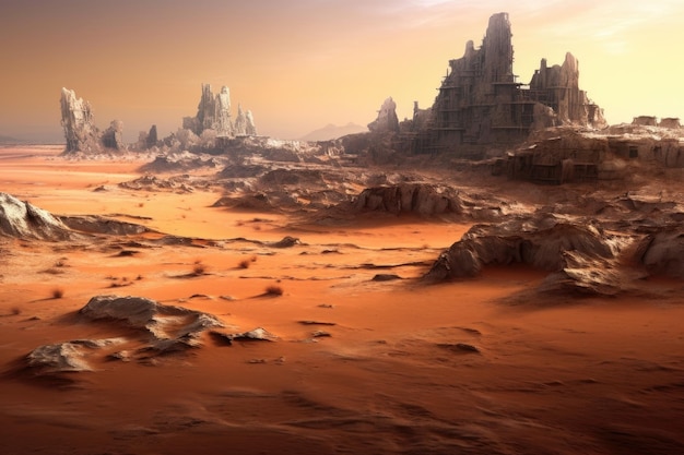 Pustynne piaski pochłaniające pozostałości zaginionej cywilizacji stworzonej za pomocą generatywnej sztucznej inteligencji