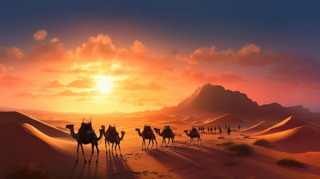Pustynny krajobraz o zachodzie słońca z wysokimi wydmami rzucającymi długie cienie samotnej karawany wielbłądów Generative ai