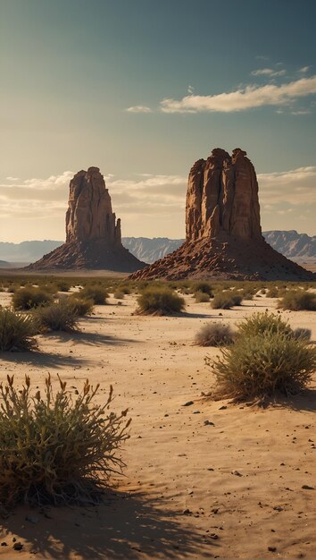Pustynny krajobraz z innego świata z wysokimi formacjami skalnymi i dziwną florą