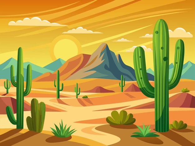 pustynny krajobraz z kaktusami i górami na tle