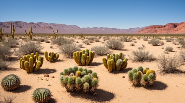 Pustynny krajobraz z kaktusami i górami w tle.