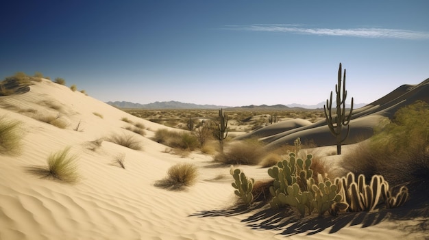 Pustynny krajobraz z kaktusem i górami w tle.