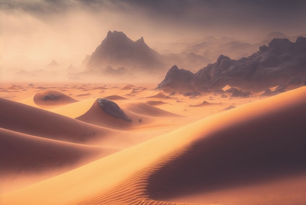 Pustynny krajobraz z piaskiem Atmosferyczny malowniczy wyimaginowany widok Chmury i burza piaskowa Generatywna sztuczna inteligencja