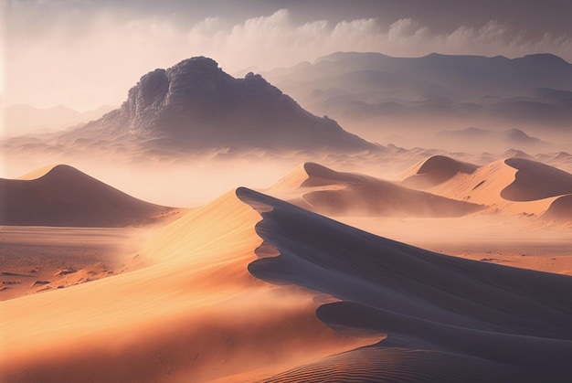 Pustynny krajobraz z piaskiem Atmosferyczny malowniczy wyimaginowany widok Chmury i burza piaskowa Generatywna sztuczna inteligencja