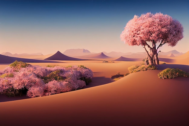 Pustynny krajobraz z wydmami i roślinami pod lejącym słońcem ilustracja 3d