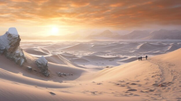 Pustynny krajobraz z zachodem słońca i grupą ludzi spacerujących po piasku.