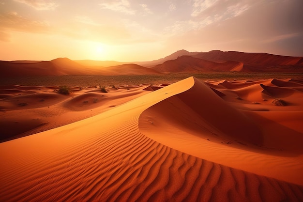 Pustynny krajobraz z zachodem słońca w tle