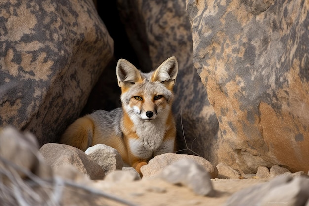 Zdjęcie pustynny lis ukrywający się wśród skał obserwując swoją zdobycz w pobliżu