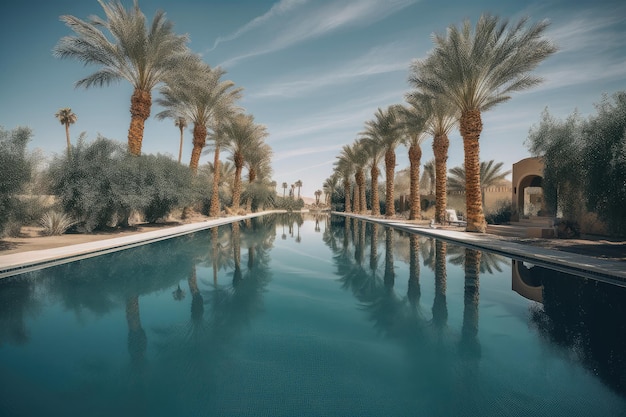 Pustynny miraż basenu z palmami i pogodne błękitne niebo widoczne w oddali