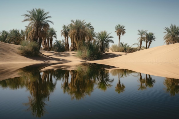 Pustynny miraż odbicia wody i palm, a rzeczywistość to niekończące się wydmy