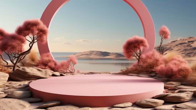 Zdjęcie pustynny podium oazy prezentujące spokojne wydmy przybrzeżne tło z naturalnymi elementami i kamieniami na tle jasnego niebieskiego nieba