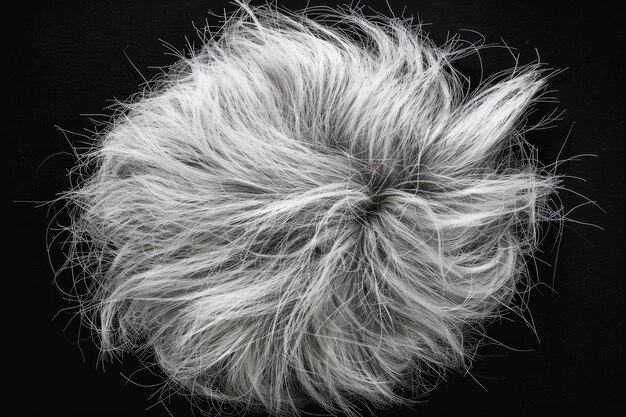Puszka białego futra, gromada szarych włosów zwierząt wyizolowanych na czarnym widoku z góry