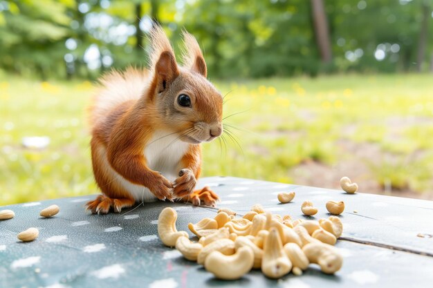 Zdjęcie puszkowana wiewiórka na stole piknikowym z cashew