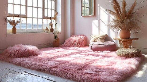 Puszkowe różowe dywaniki i poduszki rozrzucone po podłodze dodają ciepła i komfortu do pokoju