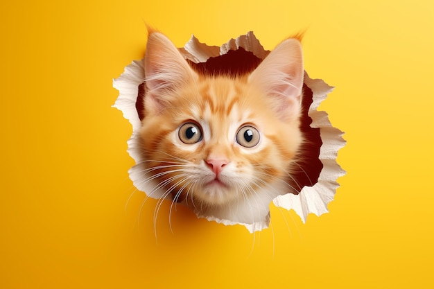 Puszkowy czerwony kot patrzy z dziury na pomarańczowym tle studia Zwierzęta rozerwane papier kopiowania przestrzeni