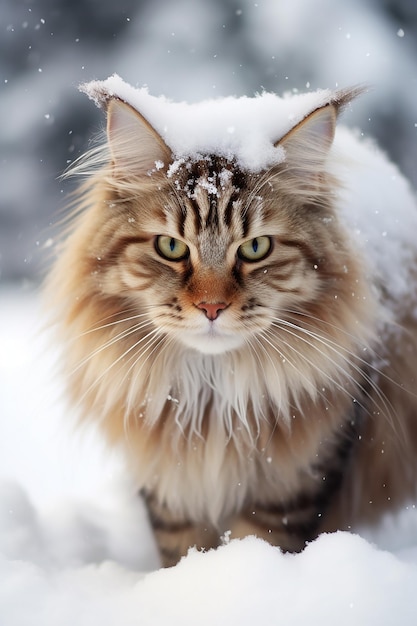 Puszkowy kot Maine Coon na śniegu