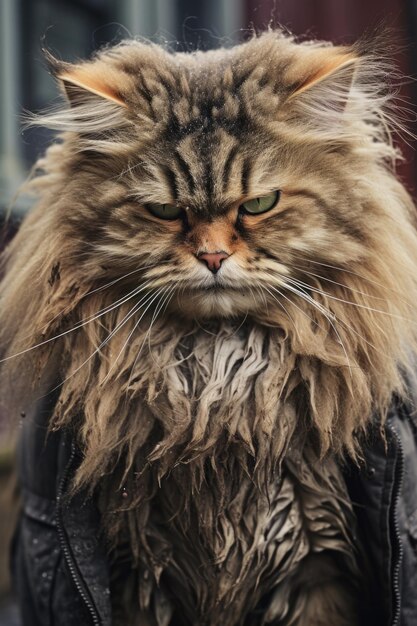 Zdjęcie puszkowy kot w eleganckiej skórzanej kurtce, idealny do mody lub projektów na temat zwierząt domowych