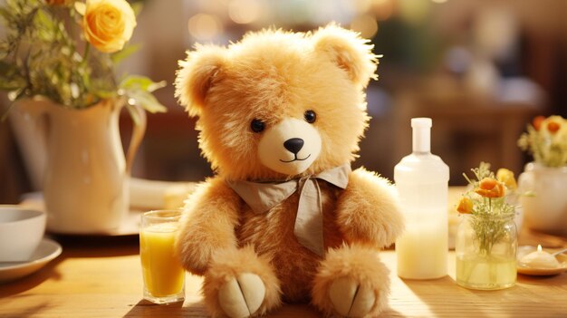 Zdjęcie puszkowy pluszowy niedźwiedź siedzący na stole, uroczy przyjaciel z dzieciństwa.