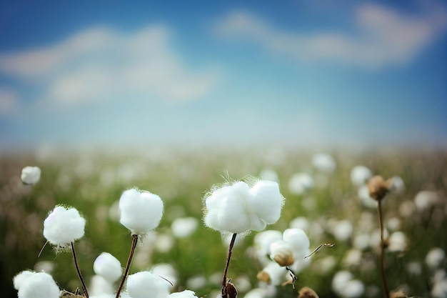 Puszyste główki kwiatów bawełny na polu przed czystym niebem