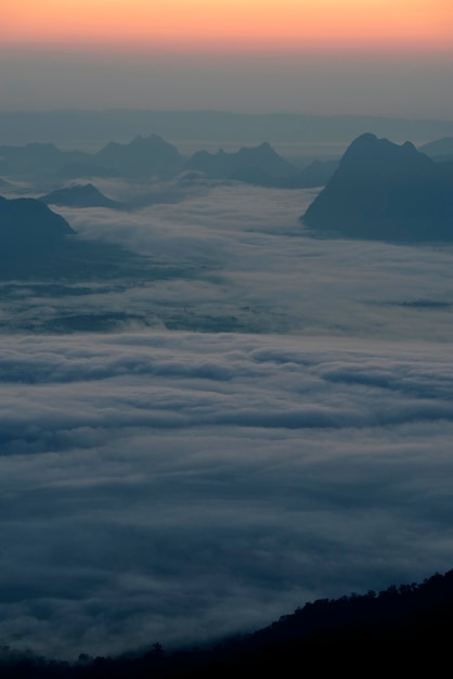 Puszyste morze mgły w górskiej dolinie z niebem o zmierzchu o poranku