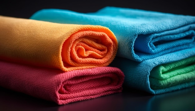 Puszyste ręczniki ułożone w kolorową, czystą stertę wygenerowaną przez sztuczną inteligencję