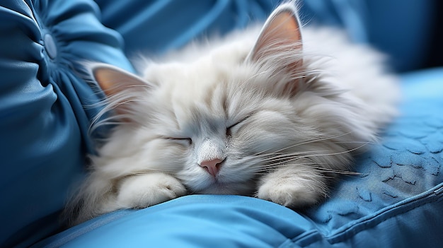 Puszysty biały kot perski o hipnotyzujących niebieskich oczach