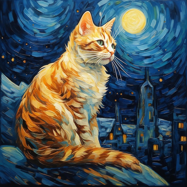 Puszysty czerwony kot siedzi na wzgórzu pod gwiaździstym niebem i księżycem w pełni i podziwia miasto