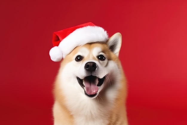 Puszysty czerwony pies w kapeluszu Świętego Mikołaja na czerwonym zwykłym tle Kartki świąteczne ze zwierzętami