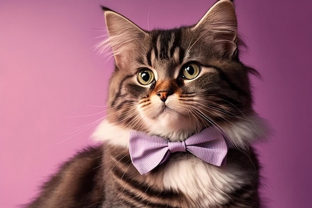 Puszysty i pręgowany kot z motylem na szyi Portret zwierzaka na studyjnym tle Pomysł eleganckiego dżentelmena w postaci kota Generative Ai
