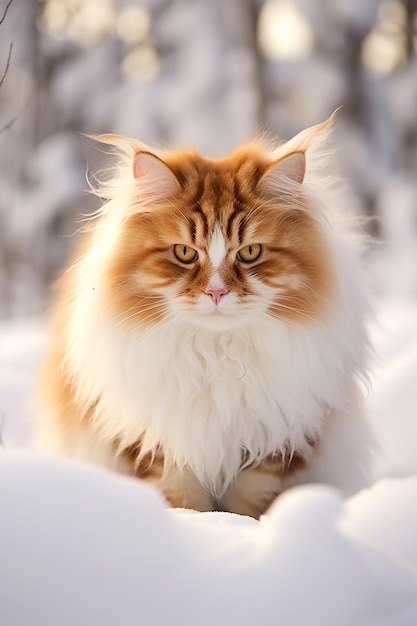 Puszysty kot norweski leśny w śniegu