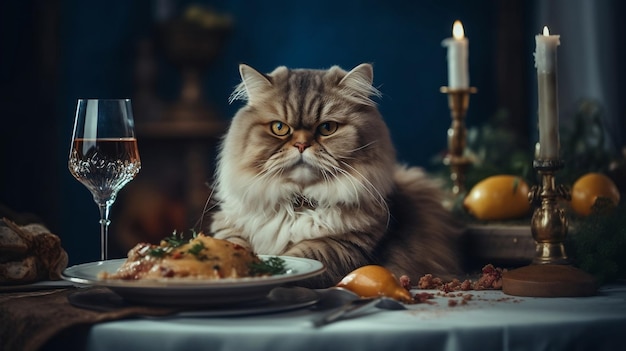 Puszysty kot perski siedzący na eleganckim stole z talerzem z jedzeniem przed nim