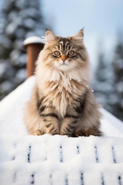 puszysty kot siedzący na szczycie pokrytego śniegiem dachu