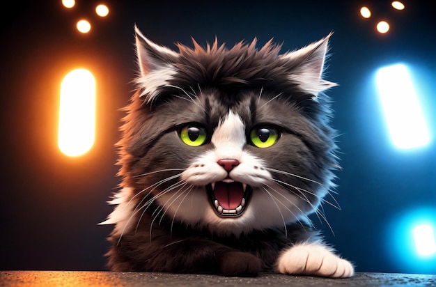 Puszysty kot z otwartymi ustami Kot z rozczochranym futerkiem wrzeszczącym na generatywną sztuczną inteligencję