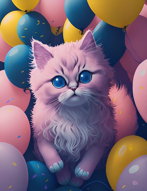 Puszysty kotek otoczony kolorowymi balonami i konfetti obrazem cyfrowym