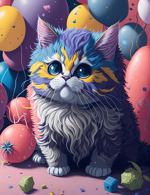 Puszysty kotek otoczony kolorowymi balonami i konfetti obrazem cyfrowym