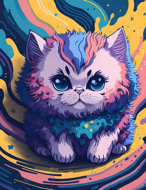 Puszysty kotek otoczony kolorowymi tęczowymi plamami kolorowej cyfrowej ilustracji malarstwa