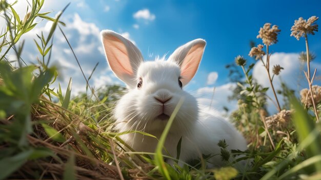 Puszysty królik siedzi na zielonej trawie