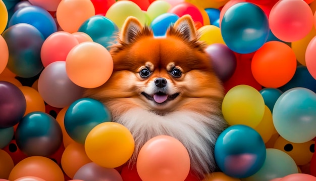 Puszysty pomeranian w kolorowym basenie z setkami balonów